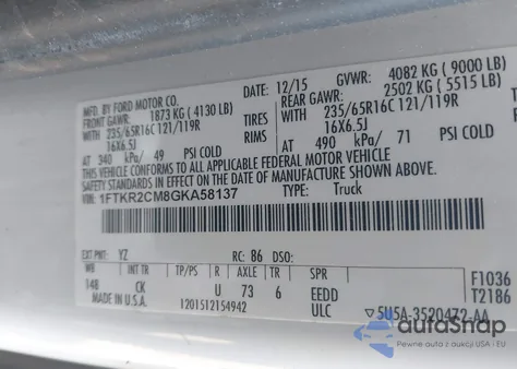 2016 Ford Transit-250 z USA, uszkodzony, nr VIN 1FTKR2CM8GKA58137